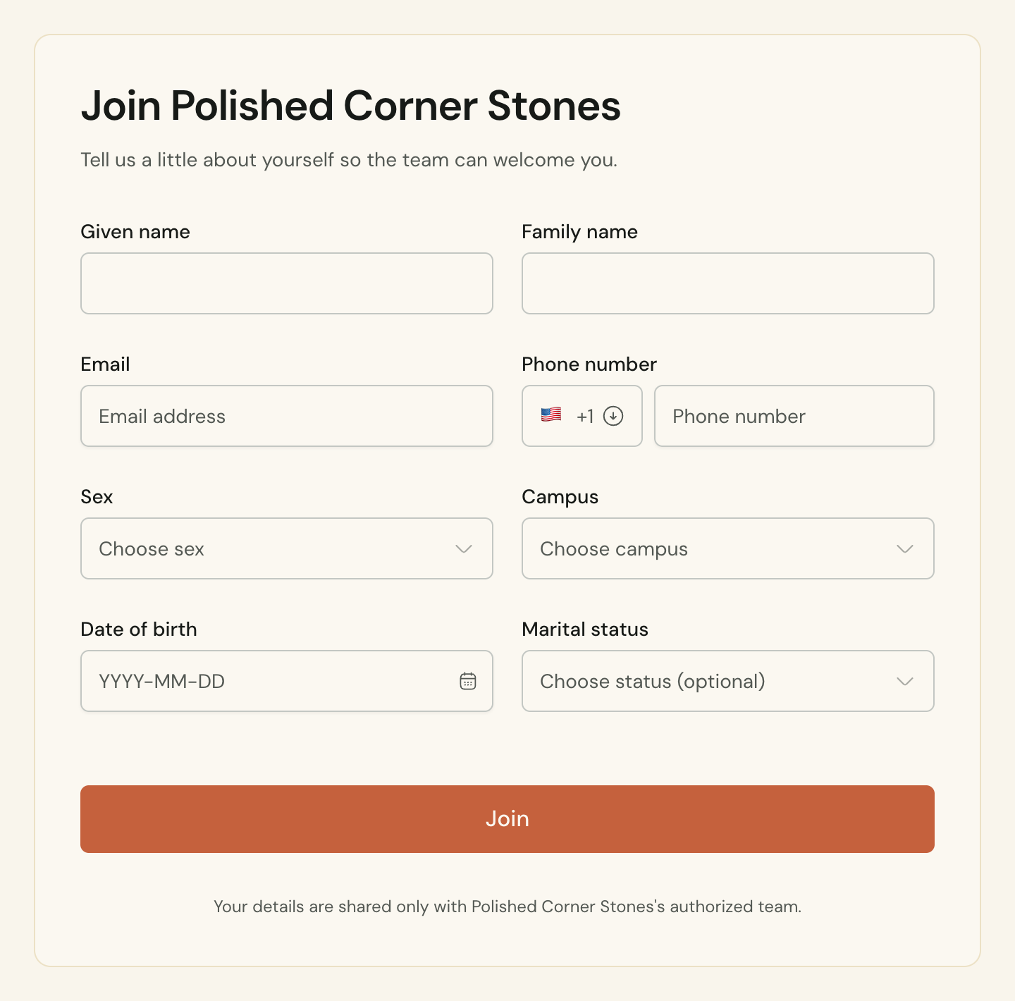 The Join page a People invite link opens, where newcomers add their own details to your church directory.