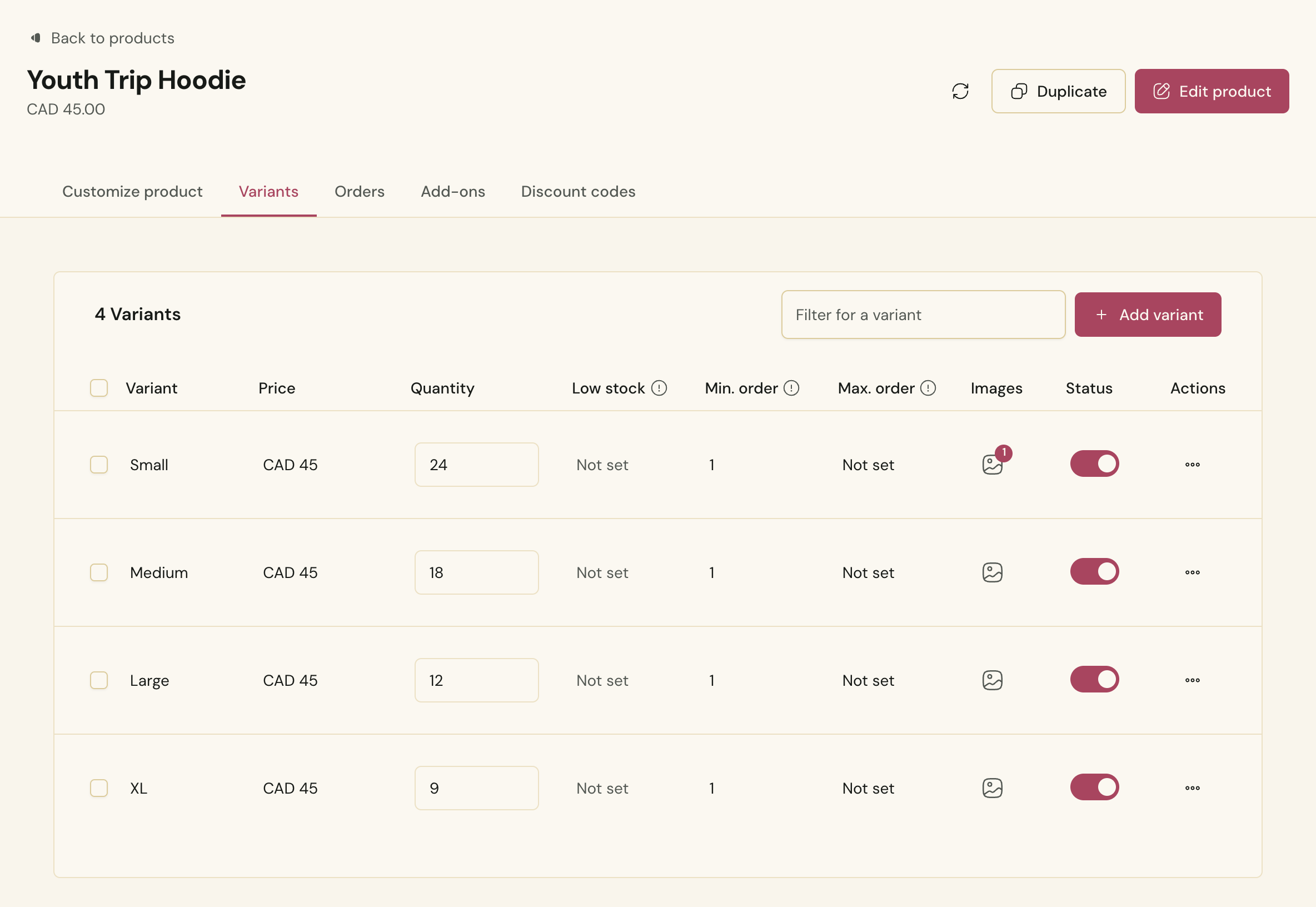 Sizes set up as variants on a hoodie in Cendance Shop, each with its own stock count and per-order limits.