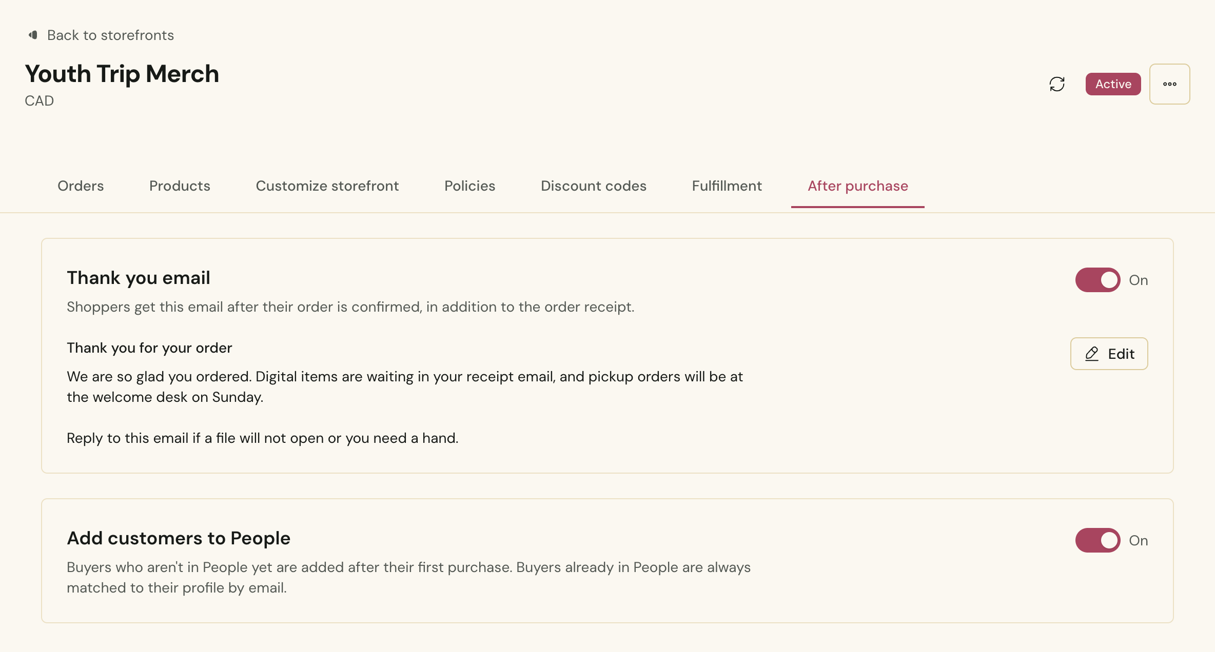 A storefront's after-purchase settings in Cendance Shop: the thank-you email and the switch that adds buyers to People.