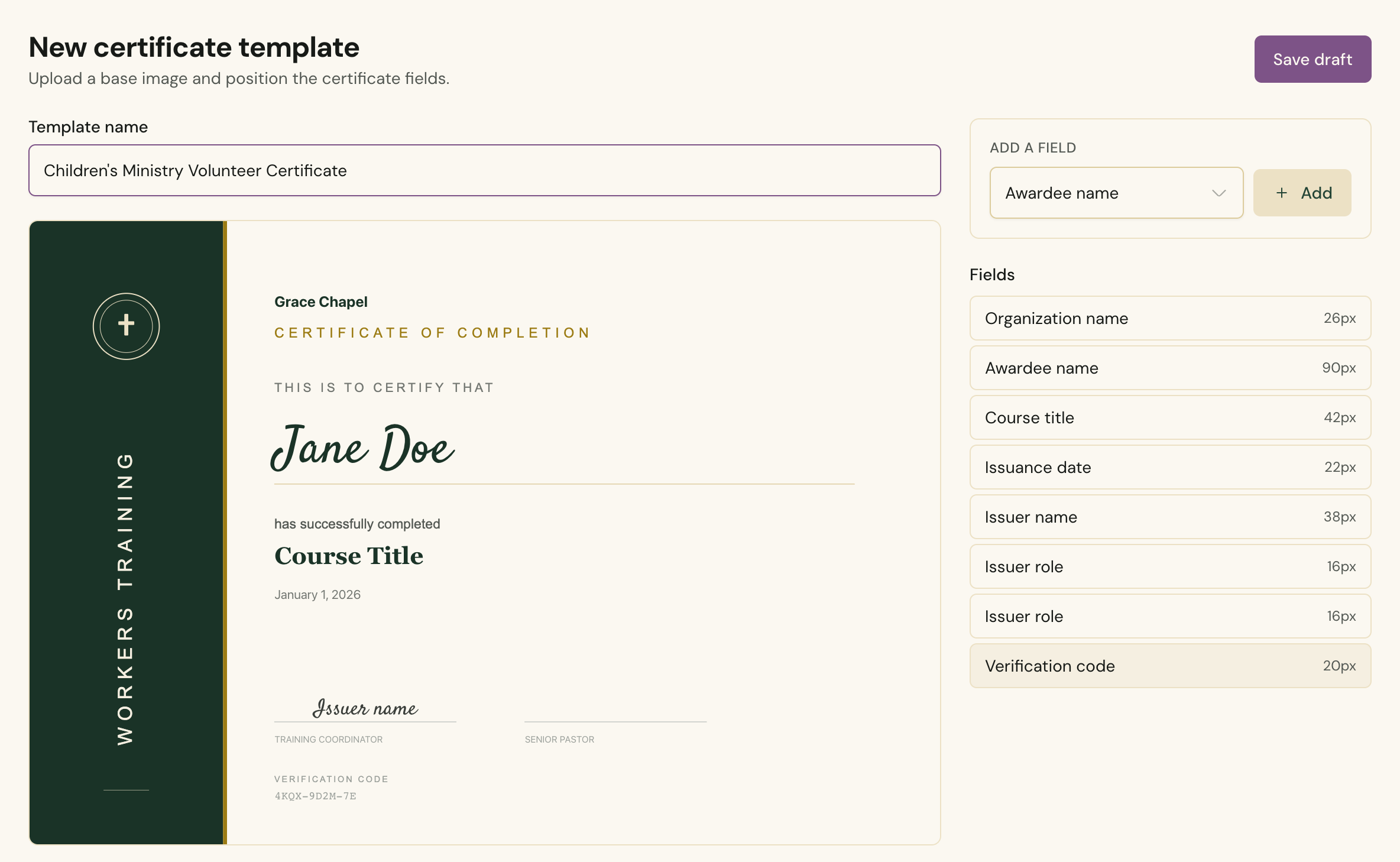 A certificate template in the Cendance designer, with the awardee, course, date, and signature fields placed on the design.