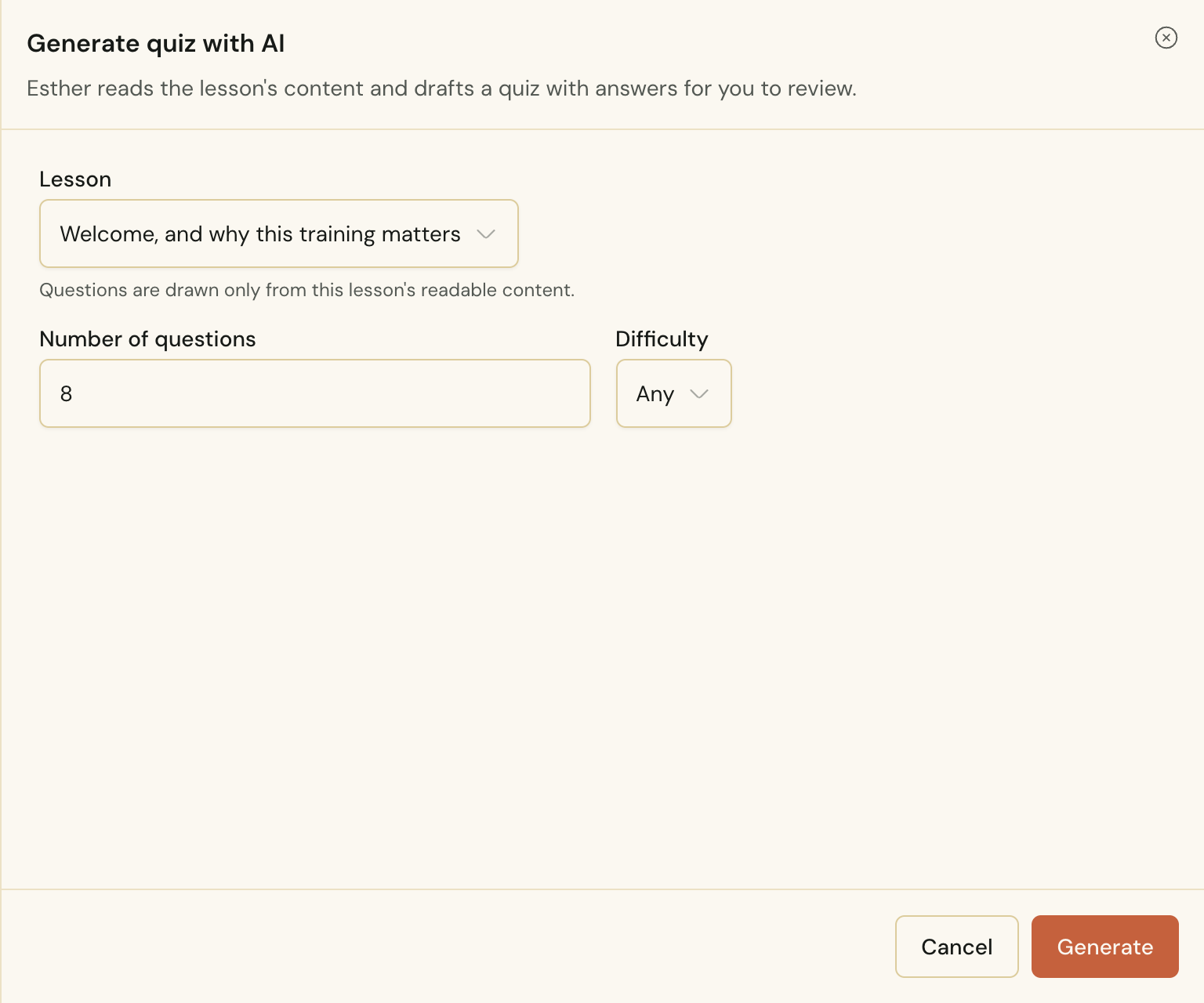 Generating a quiz with AI in Cendance: pick a lesson, choose how many questions and how hard, and Esther drafts them from the lesson's content.
